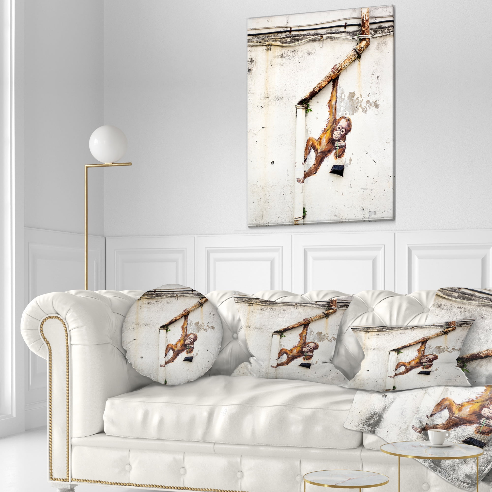 Designart Baby Orangutan Hanging from Pipe - Street Art Throw Pillow - 12x20