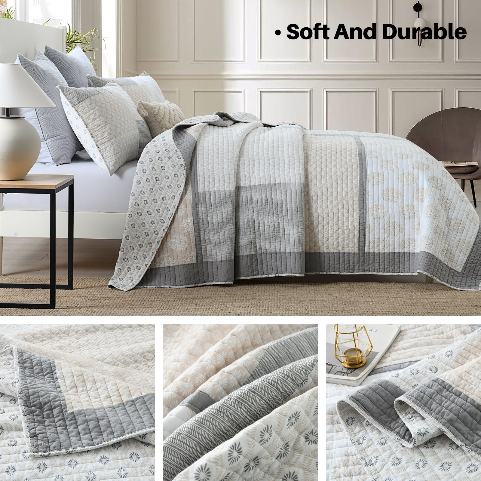 Bedduvit Beige Gray King Size Quilt - 100% Organic Cotton Floral Real-Patchwork Plaid Reversible Quilted Bedspread for King Size Bed, Modern Farmhouse Lightweight All-Season 3-Piece Comforter Set