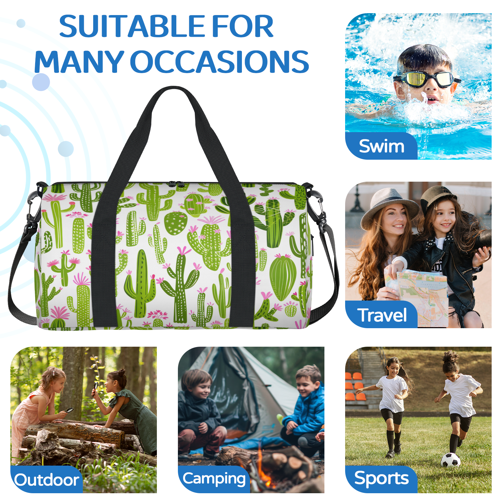 Herdesigns Cactus Travel Duffle Bag Sports Yoga Weekender Overnight Carry on Workout Bags Lightweight Waterproof Gym Tote Bag for Women