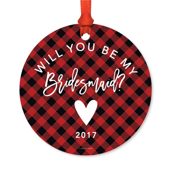 Wedding Metal Christmas Ornament, Will You Be My Bridesmaid?, Red Plaid, Includes Ribbon and Gift Bag