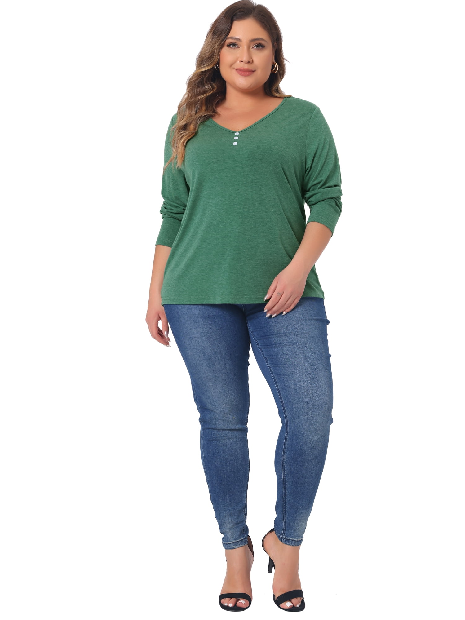 DARING DIVA Women's Plus Tshirt Casual Tops Button Front Long Sleeve Tee Top 4X Green