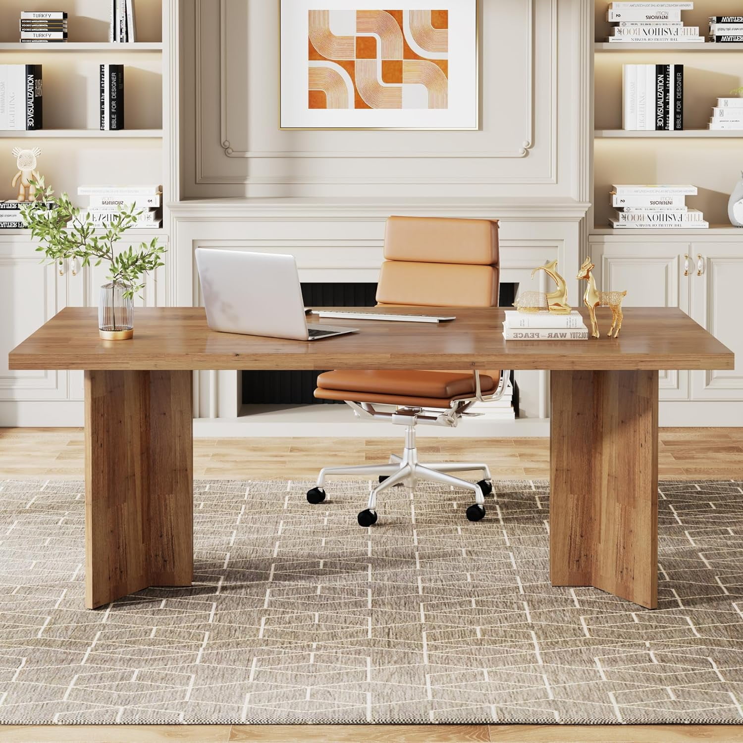Tribesigns 63" Executive Desk, Vintage Wood Office Computer Desk Workstation for Home Office, Walnut