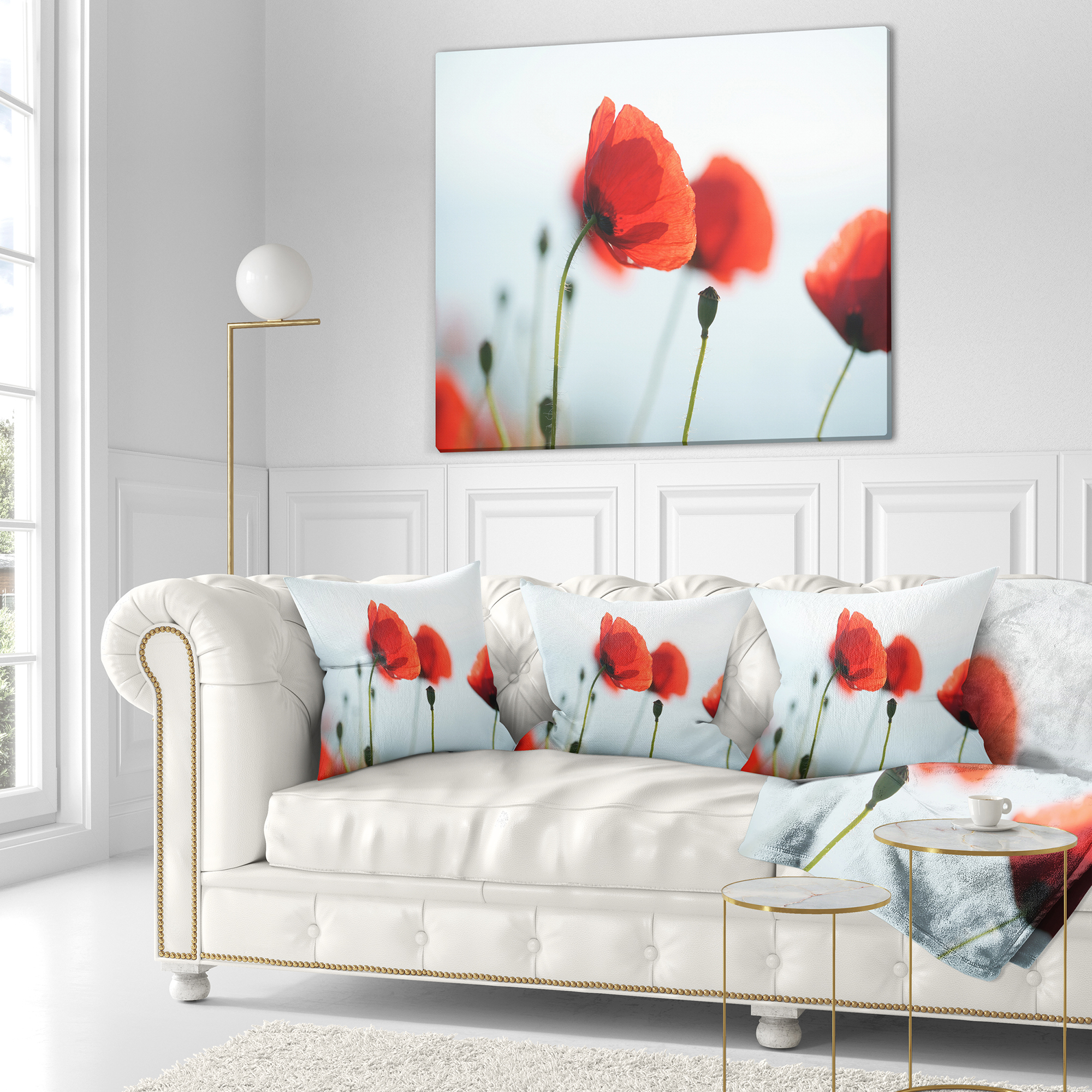 Designart Poppies on Background of Sea - Floral Throw Pillow - 18x18