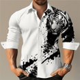 thumbnail image 1 of Camisa de solapa de moda 2024 Camisa a cuadros a rayas azul verde Tótem de tigre Patrón HD blanco y negro Cuello roto cubano Moda popular, 1 of 6