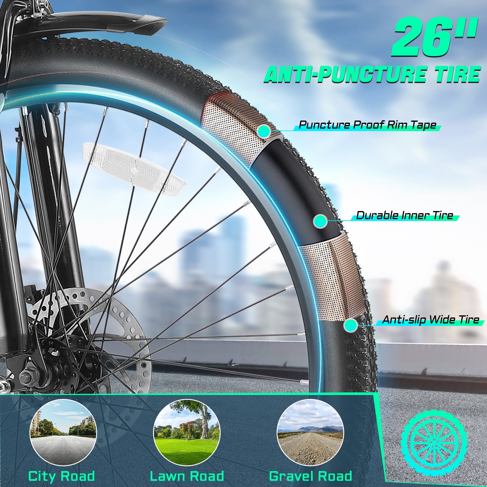 Gocio UL2849 Certified 26" Electric Bike for Adults, 750W Peak Motor, 48V 7.8Ah Battery, 19.8 mph 7-Speed Commuter Ebike with Disc Brakes