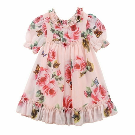 

Girls Summer Flower Print Dress Short Sleeve Wooden Ear Edge A Place Party Out For 0 To 5 Years Kids Party Dresses
