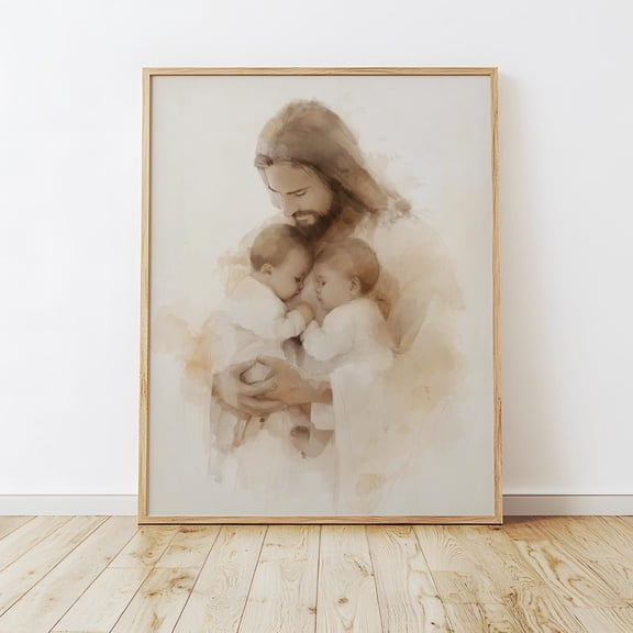 Jesus With Twin Babies Comfort Christian Wall Art, Unframed Paper Print Size 8x12