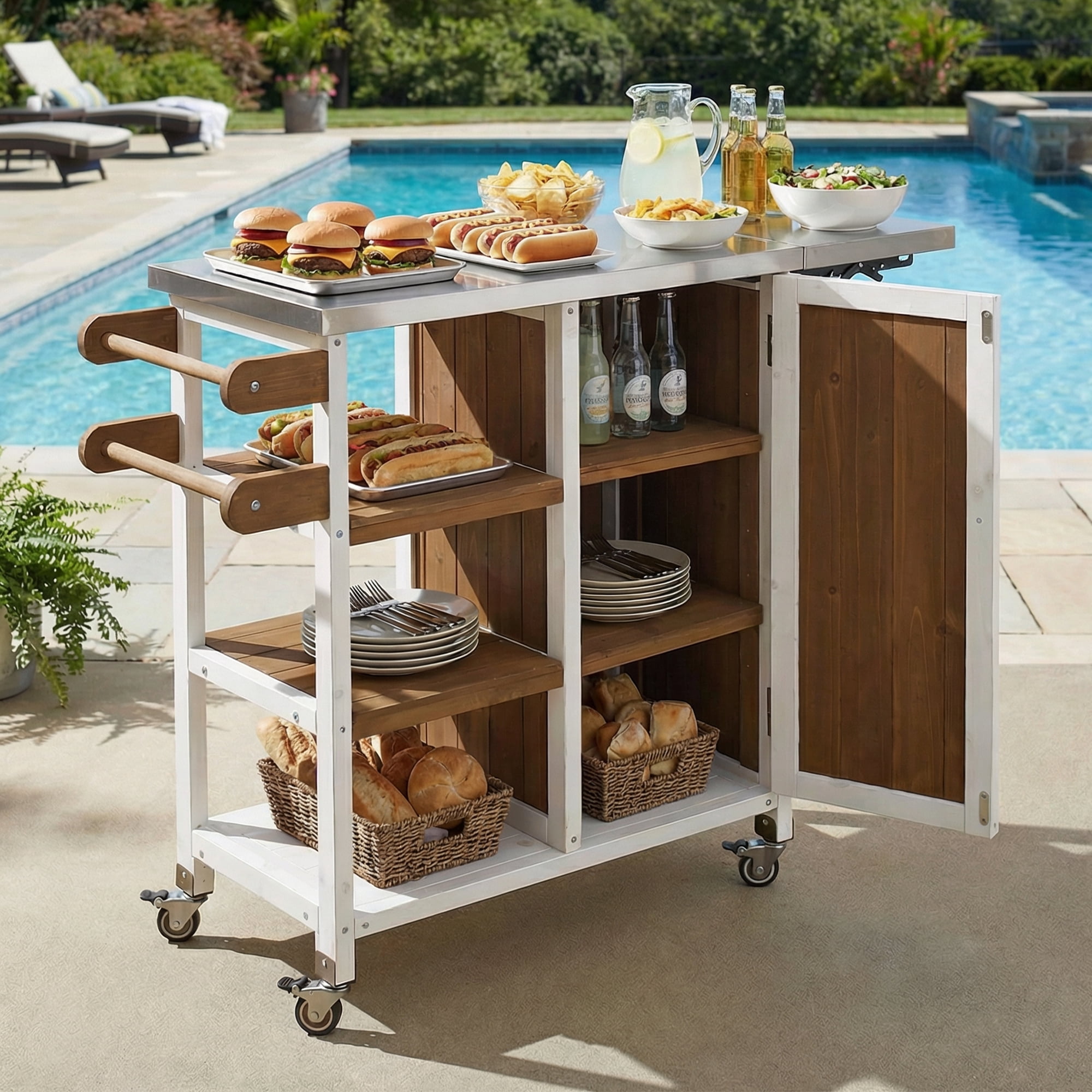 Portable Outdoor Kitchen Island, Foldable Patio Prep Station for Outdoor Use, White and Brown