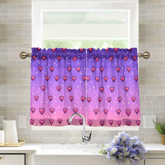 Yayeee Kitchen Curtains Light Filtering 27"x24" Rod Pocket Short Cafe Window Panel, Pixel Love