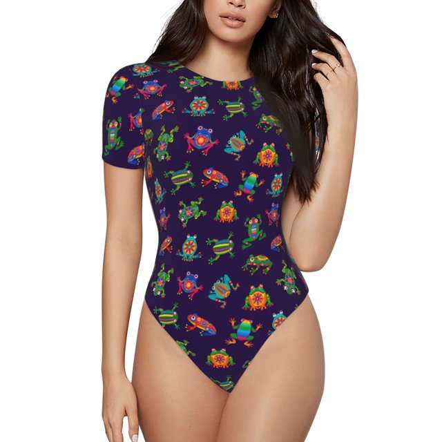 Fotbe Mexican Frogs Body de Mujer con Cuello Redondo y Mangas Cortas, Sin Mangas Ajustado, Suave, Cómodo y Básico-Small