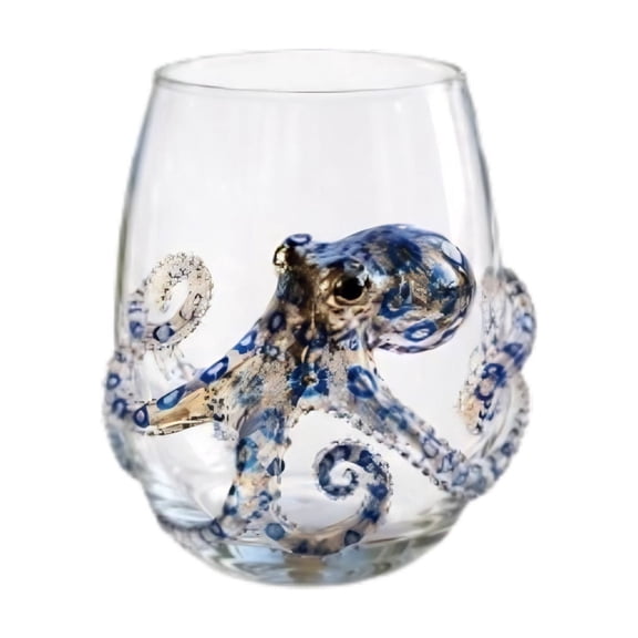 Artisanal Blue Ringed Octopus Glassware, Novelty 3D Drinking Glass Tumbler Coastal Home Bar Accessories, Unique Ocean Lover Gift(Octopus)