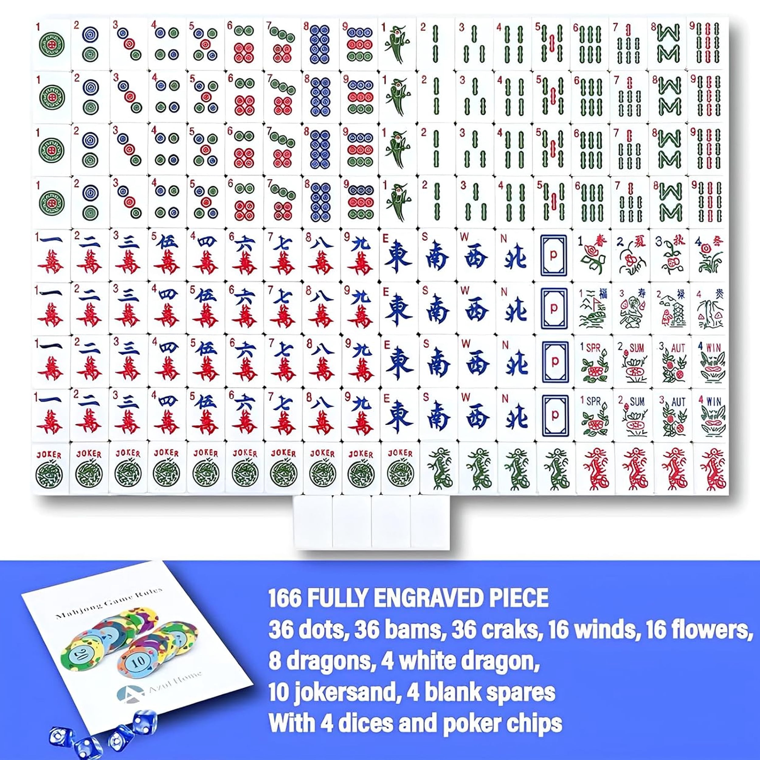 AzulHome American Mahjong Set with Bag: 166 Pink Melamine Tiles (1.4"), 4 Dice, 80 Poker Chips | Complete Game Set
