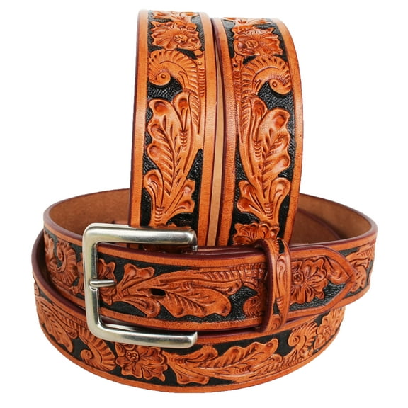 51-52 Men's Western Rodeo Fashion Floral Tooled Black Inlay Leather Belt 2644RS