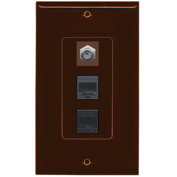 RiteAV - 1 Port Coax Cable TV- F-Type Phone RJ11 RJ12 and 1 Port Cat5e Ethernet Decorative Wall Plate - Brown