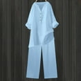 thumbnail image 2 of SHTXOZHI 2 Piece Cotton Linen Sets for Women Long Sleeve Button Down Shirts Wide Leg Pants Vacation Outfits, 2 of 7
