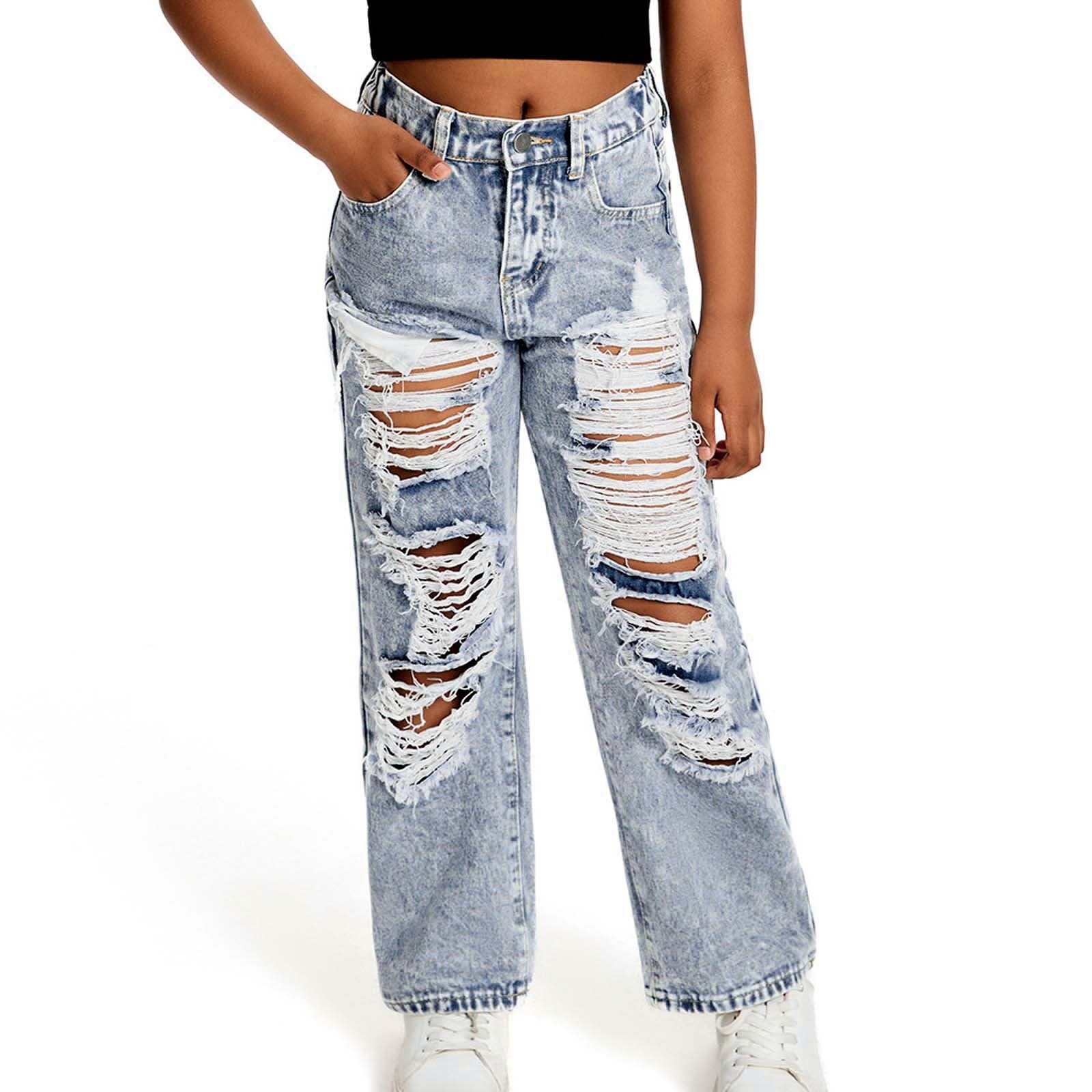 Wdgfv Girls Distressed Wide Leg Jeans Snow Wash Casual Denim Pants Comfortable Loose Fit Trousers For Teen Everyday Wear Age 6-13 Years Light Blue 8-9 Years