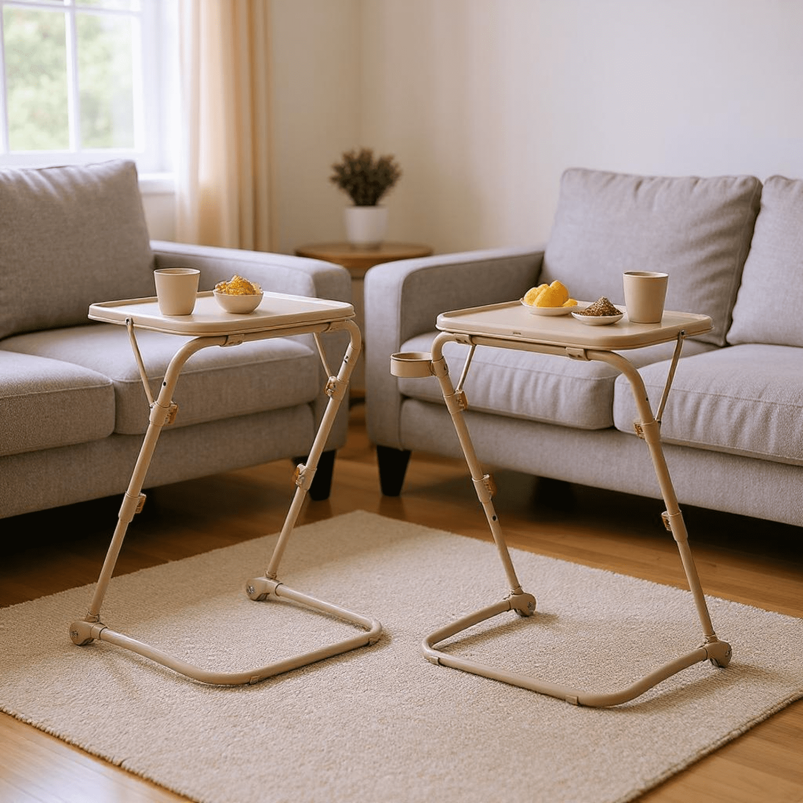 Homy Casa Folding TV Tray Table with Cup Holder, Adjustable Snack Table for Bed, Sofa, Couch, Beige