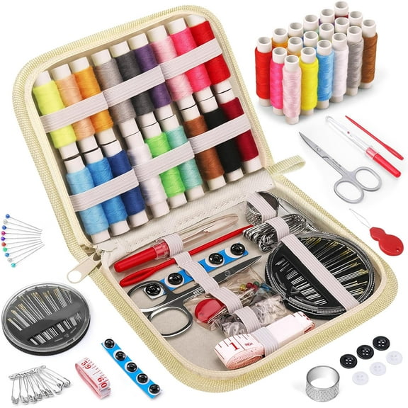 Sewing Kit for Adults, Kids, Beginner, Traveler, Portable Sewing Supplies Contains Soft Tape Measure, Scissors, Thimble, Thread, Sewing Needles (Beige, M)