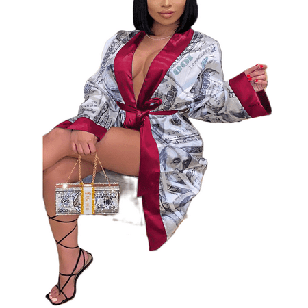 

Women s Nightgown Silk with Belt Cardigan Pajamas Kimono Dollar Print Long Sleeve Sexy Lingerie Loose Autumn Bathrobe Spring Lounge Wear