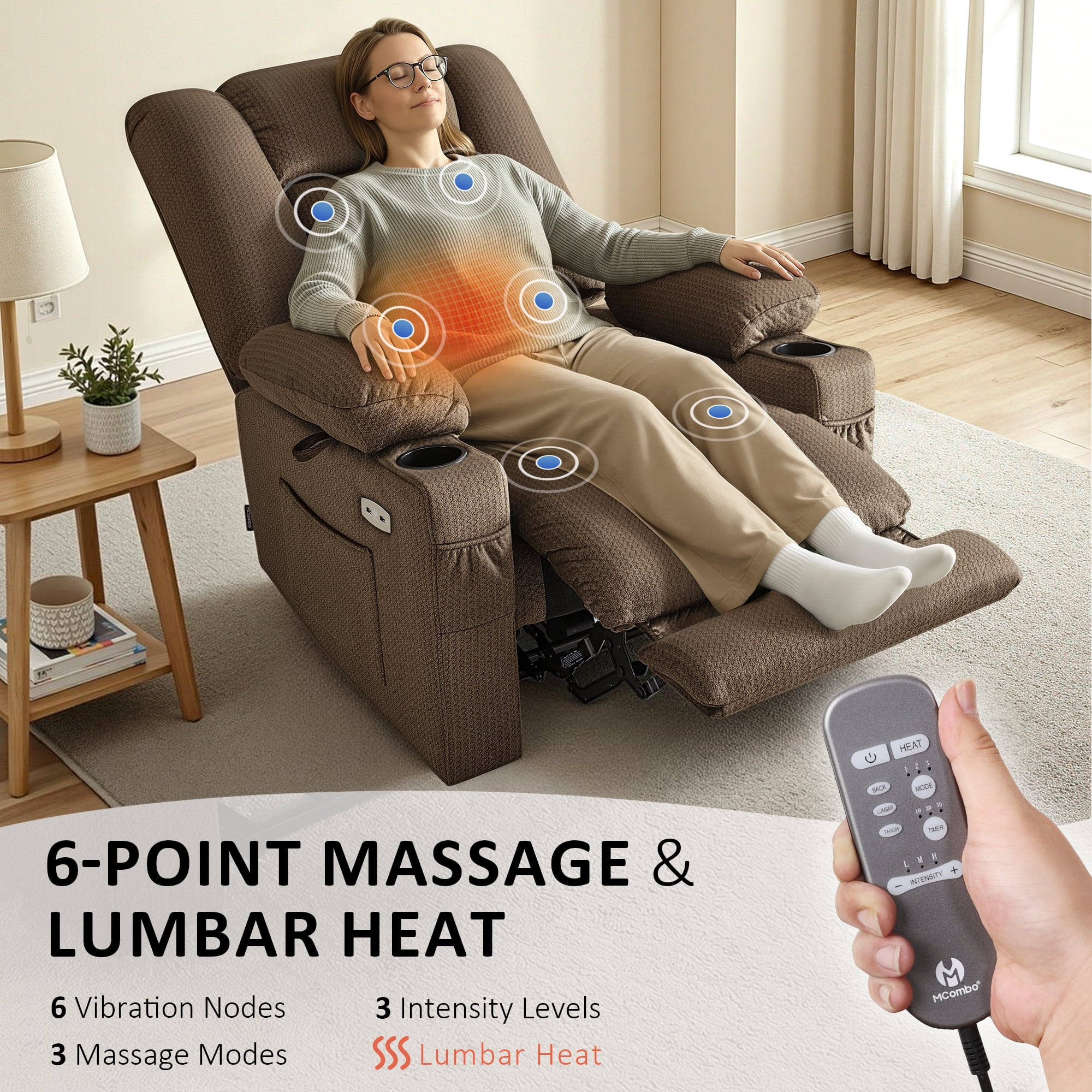 MCombo Electric Power Recliner Chair w/ Massage USB Cup Holders for Living Room Brown Fabric 6079
