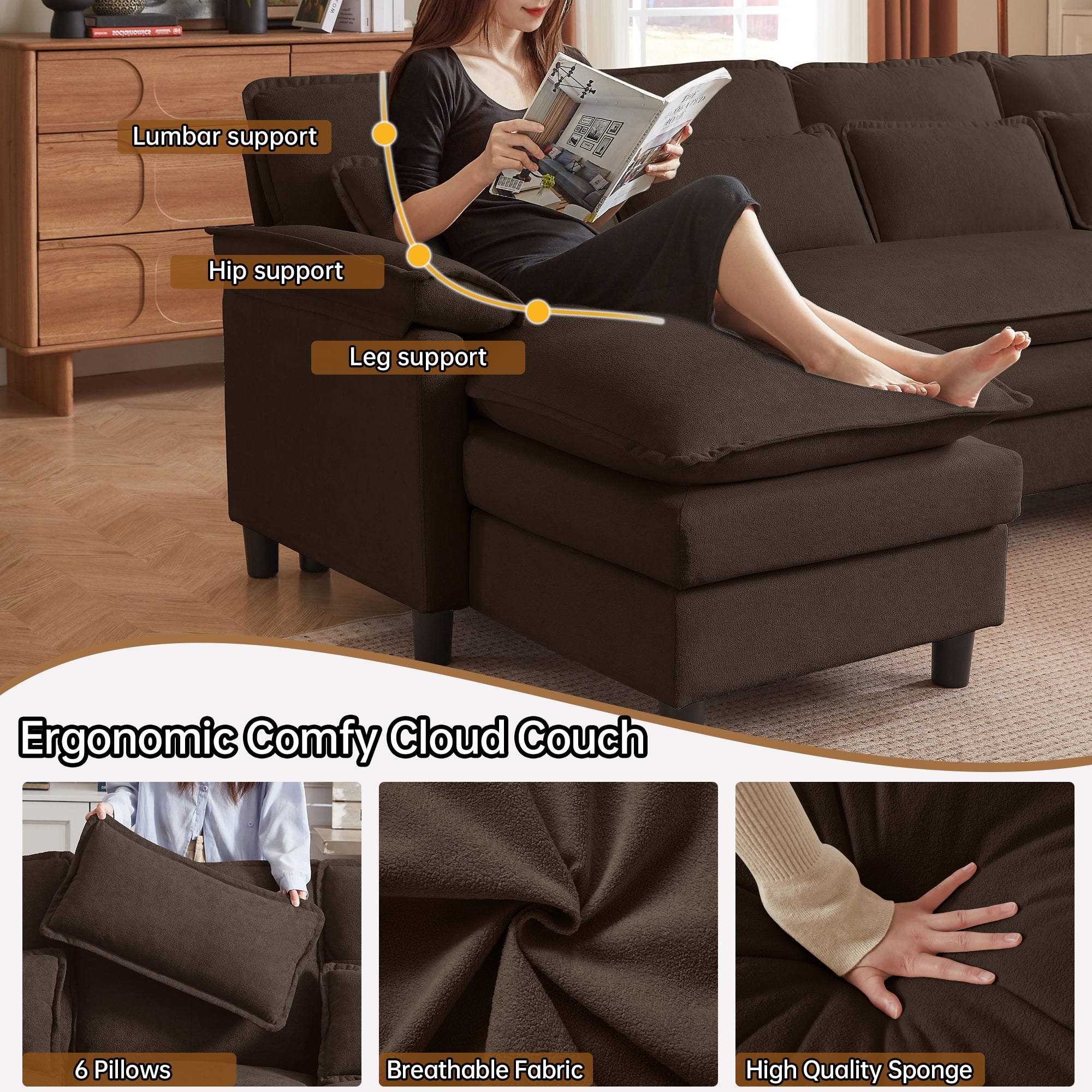 Pingliang Home Oversized U Shaped Couch,4 Seat Sectional Sofa with 4 Pillows,Upholstered Symmetrical Cloud Couch with Double Chaise,Wrap Around Sofa Modular sofa for Living Room Apartment Office