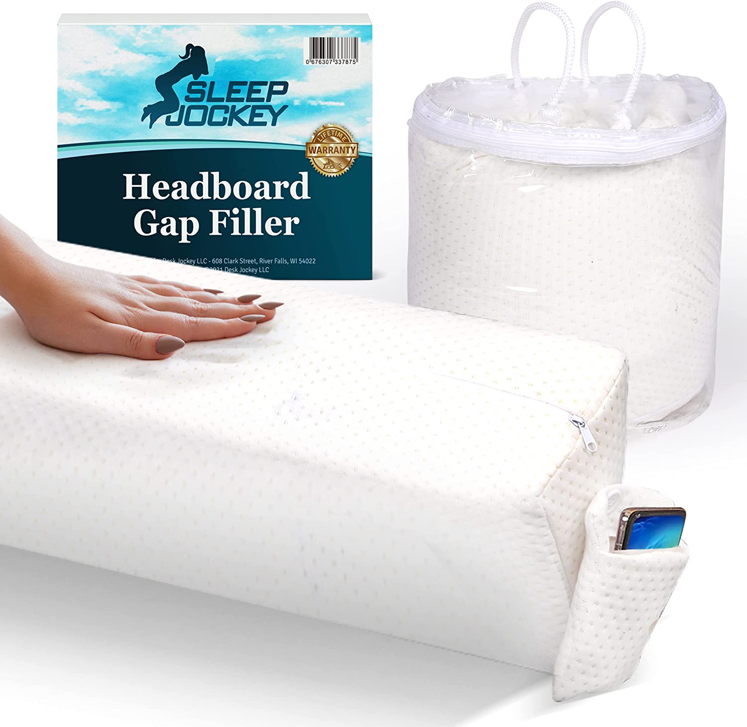 Sleep Jockey Queen Size Bed Wedge Pillow Stopper - Bed Gap Filler(0-8") - Memory Foam Headboard Pillow - Triangle Bloster Pillow Wedge to Fill the Gap Between Headboard and Mattress (60''x10"x6")