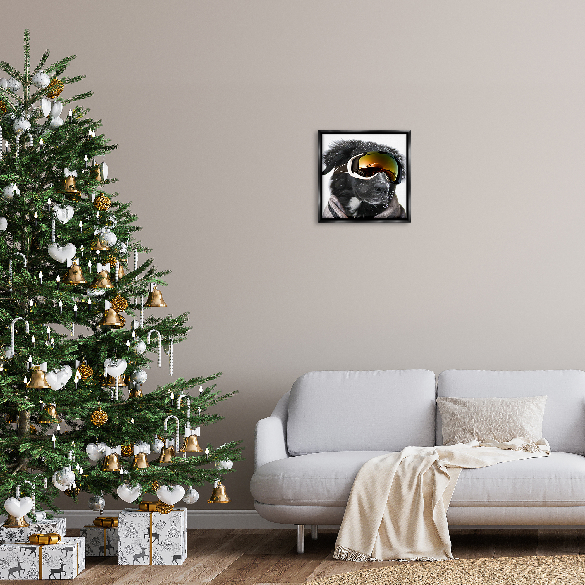 Stupell Industries Snowboarder Dog with Goggles Animals & Insects Painting Black Floater Framed Canvas Art Print Wall Art, 18 x 18