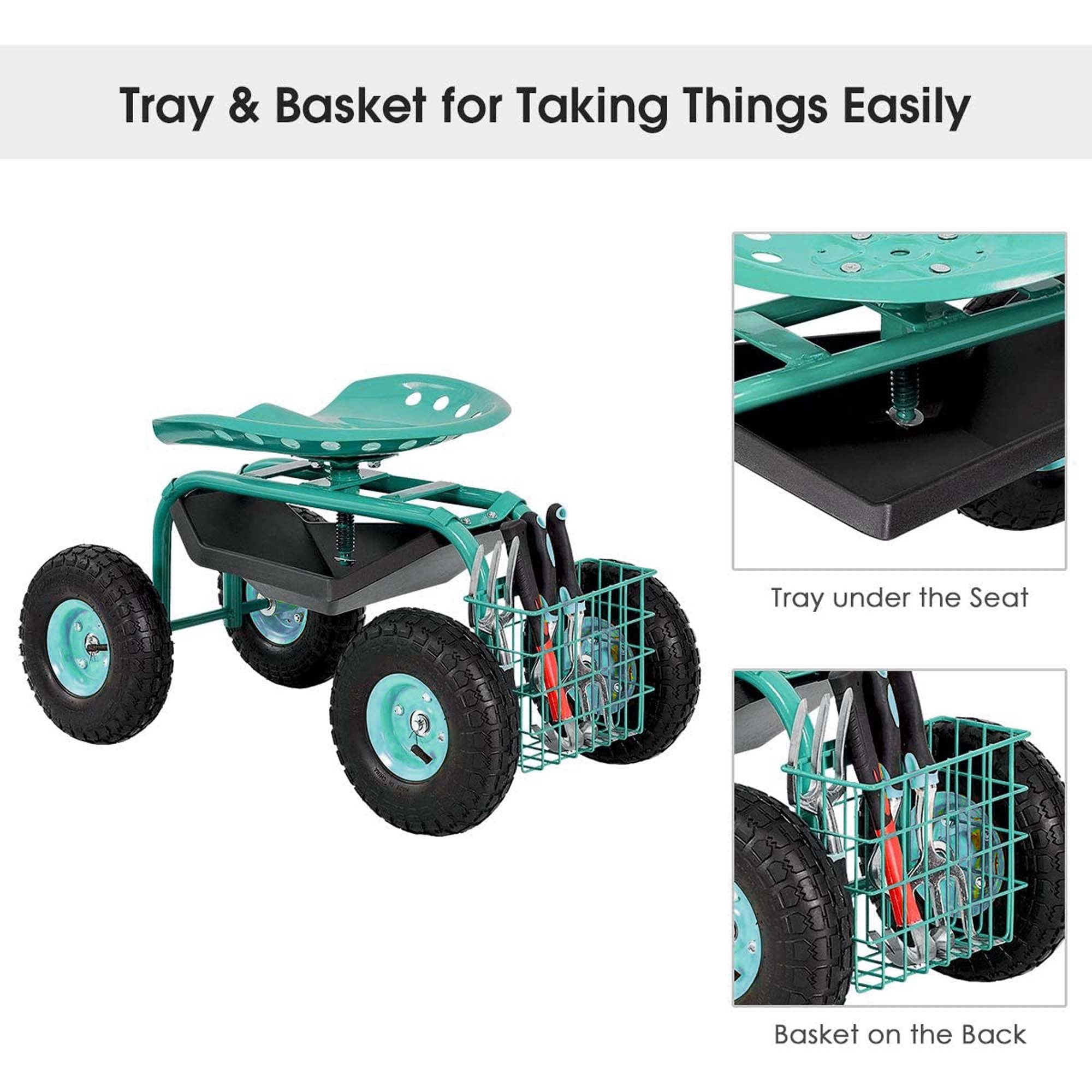 Aukfa Rolling Garden Cart Scooter with Swivel Seat, Wheels, and Tool Tray - Green