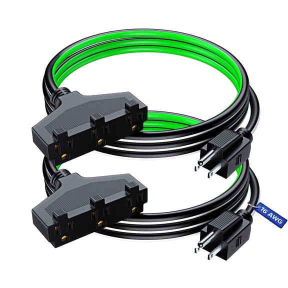 Extension Cord 3 ft, (2-Pack) SJTW Extension Cord with Multiple Outlets, 16 Gauge (Black, White and Green) ETL Listed