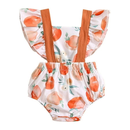 

GEZHEN Baby Peach Print Ruffled Flying Sleeves Suspender Triangle Rompers Baby Peach Print Ruffle Fly Sleeve Back Triangle Crawl Suit Newborn Bodysuits Set