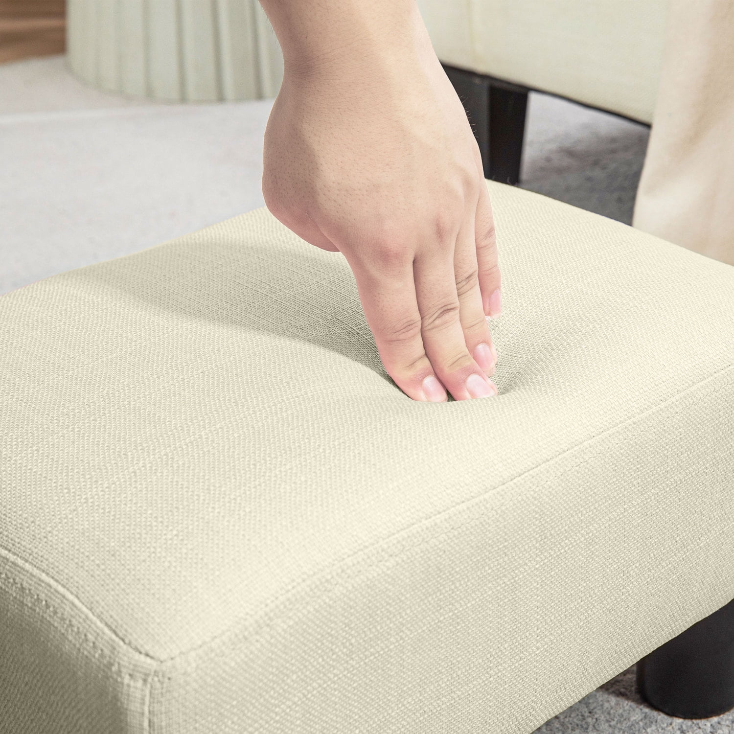 Cube Ottoman, Beige Linen Fabric Footrest for Living Room, Extra Seat