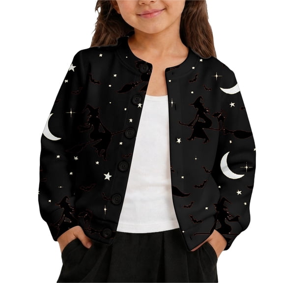 Tiijoy Girls Halloween Cardigan Button Front Long Sleeve Sweater Coat, Black, Sizes 1-8