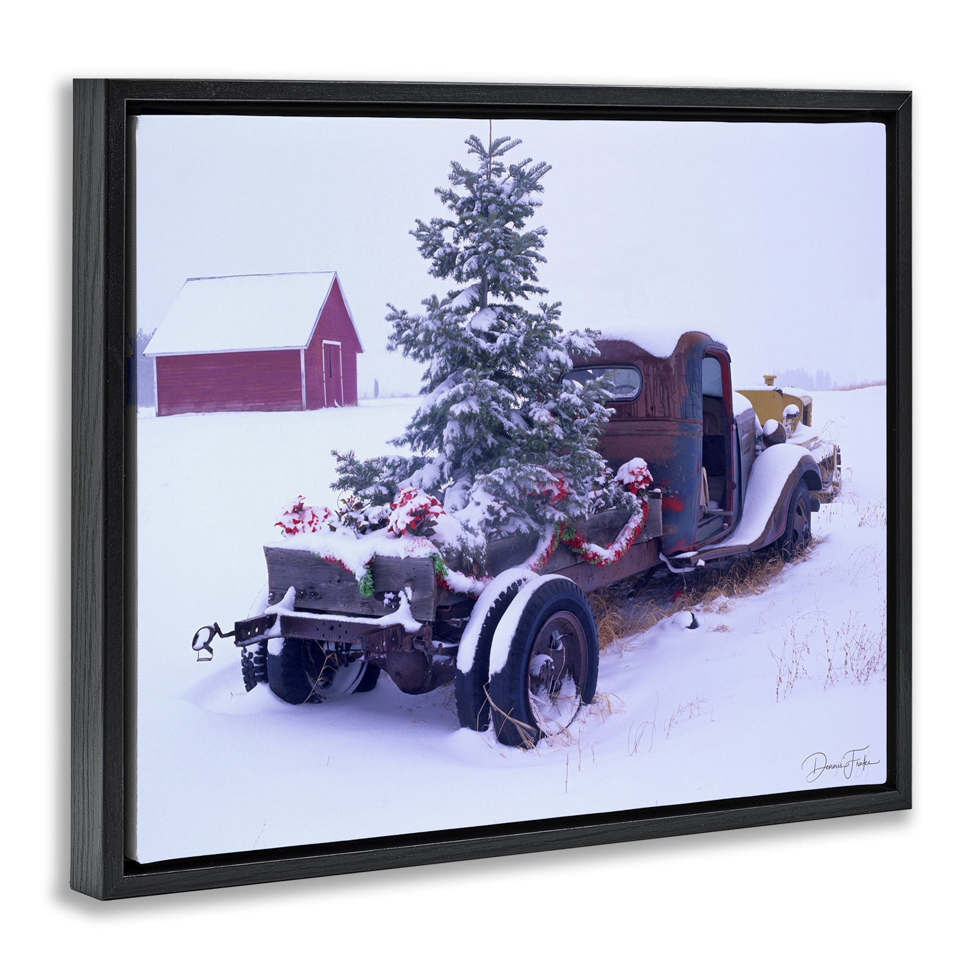 Stupell Industries Christmas Tree Truck Holiday Painting Black Floater Framed Art Print Wall Art, 21 x 17