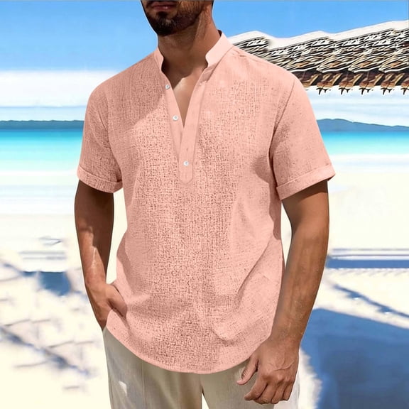 DYTTDG Men's Casual Solid Color Short Sleeve Shirt | Half Button Down Standing Collar Top for Daily Wear, Work, and Weekend Outfits