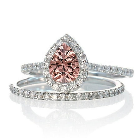 2 Carat Pear cut Real Morganite and Diamond Bridal Wedding Ring Set with Engagement Ring and Wedding Band in 18k Gold Over Silver