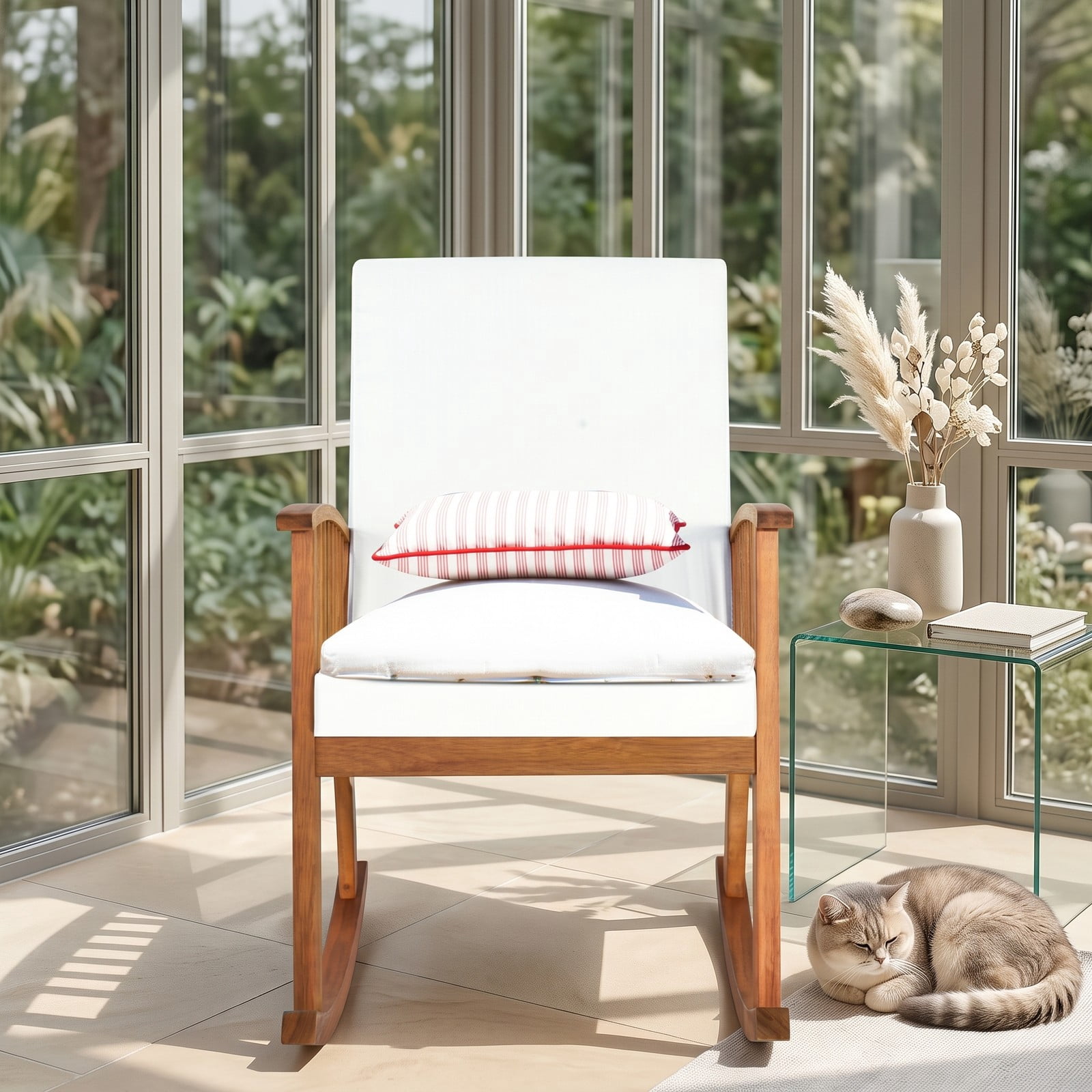 Furnibear Outdoor Acacia Wood Rocking Chair with Detachable Washable Seat and Back Cushions for Patio, Garden and Porch, Teak