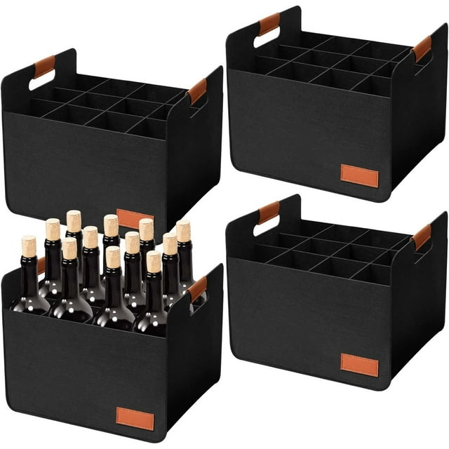 Windyun 8 Pcs 12 Bottle Wine Carrier with Reinforced Cardboard Set Reusable Felt Wine Carrier Tote Bag with Handles 14.57 x 12.6 x 10.63 Inch Collapsible Ratafia Packing Boxes for Moving (Black)