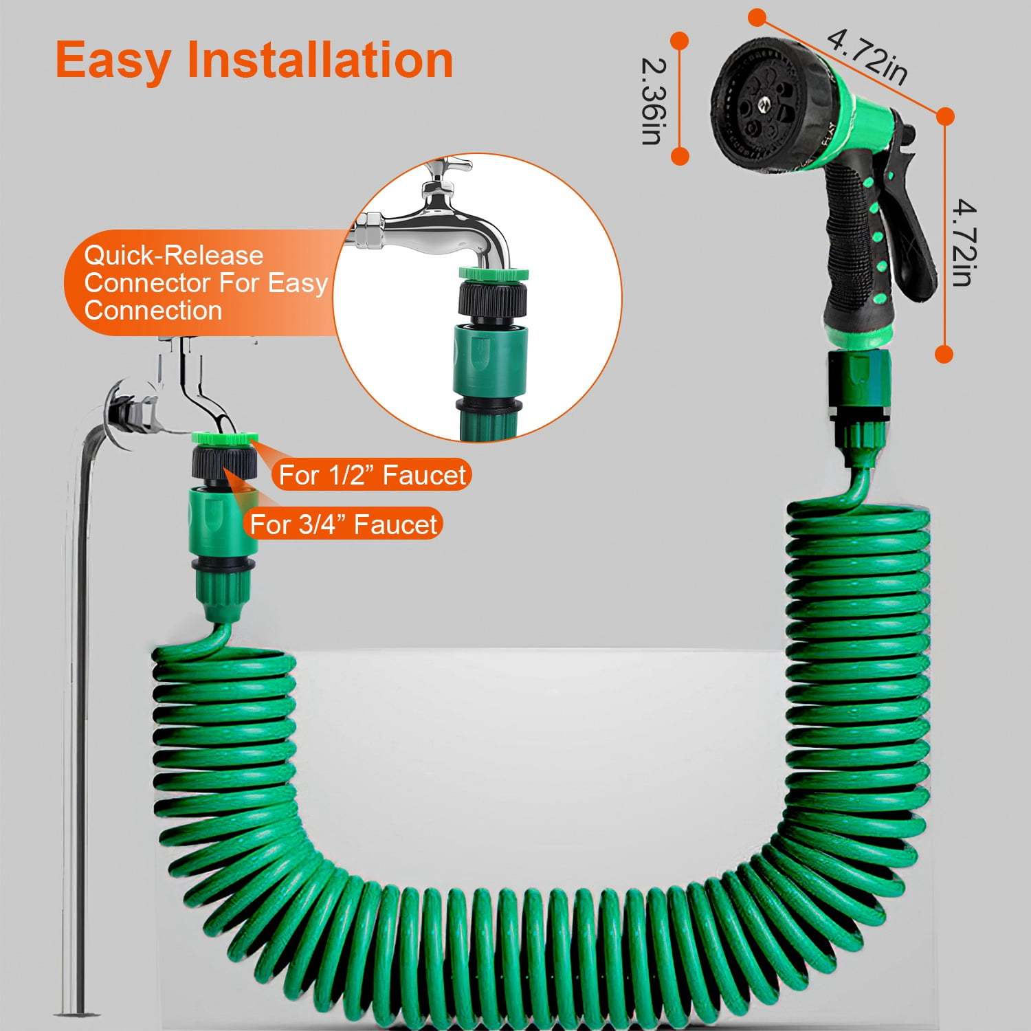 EVA Recoil Garden Hose with 3/4” & 1/2” Adapters and 7 Spray Modes for Garden, Patio, and Yard