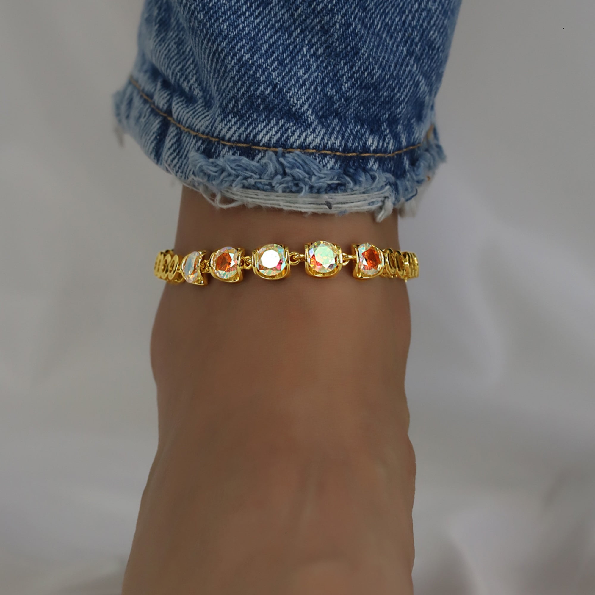 Kaash Custom Women's CZ Stone Fine Ankle Bracelet, 8"+2" inch Adjustable Size in Brass Mertal