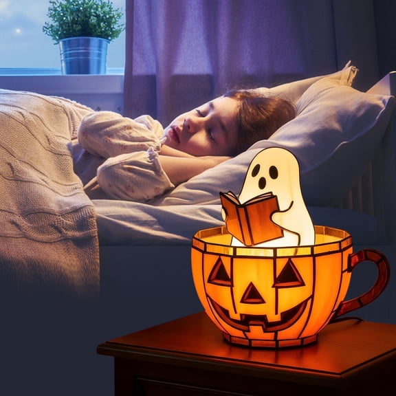 Fwttom Ghost Night Light, Ghost Decor Pumpkin Cup Ghost Reading Light, Halloween Lights Cute Ghost Reading Neon Sign, Halloween Decorations Light Up Ghost Light for Bedside