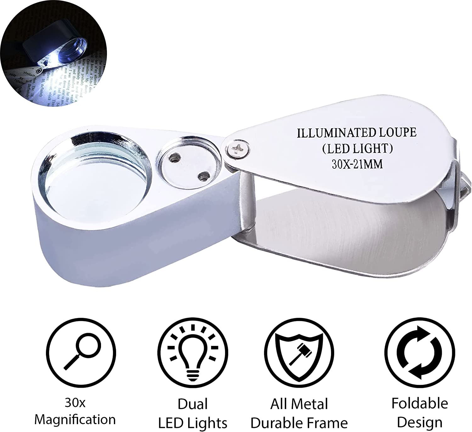 30X Jewelers Loupe Magnifying Glass with Light, Jewelry Magnifier