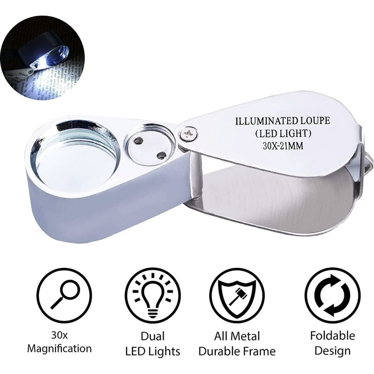  Jewelers Magnifying Glass with Light Bundle Includes Lighted  SlideOut Pocket Magnifier Coin Loupe with 10x 20x 30x Lenses & a 40x  Jewelers Loupe Magnifier with Light, All Magnifying Loupes with Light 