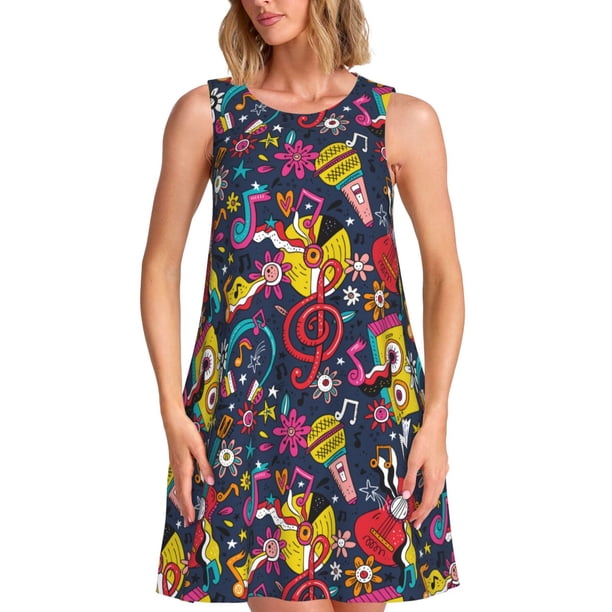 Fotbe Rock Music Vestido de Verano sin Mangas para Mujer – Vestido Midi Línea A, Estilo Camiseta Floral, Vestido Playero Casual y Fluido