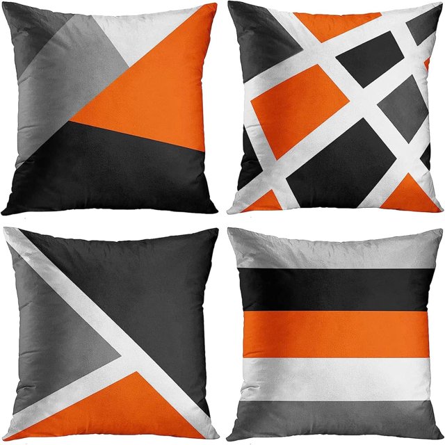 Set of 4 Throw Pillow Covers Modern Abstract Stripe Simple Geometric Acrylic Bold Decorative Pillow Cases Home Decor Square 16x16 Inches Pillowcases(Black Grey Orange)