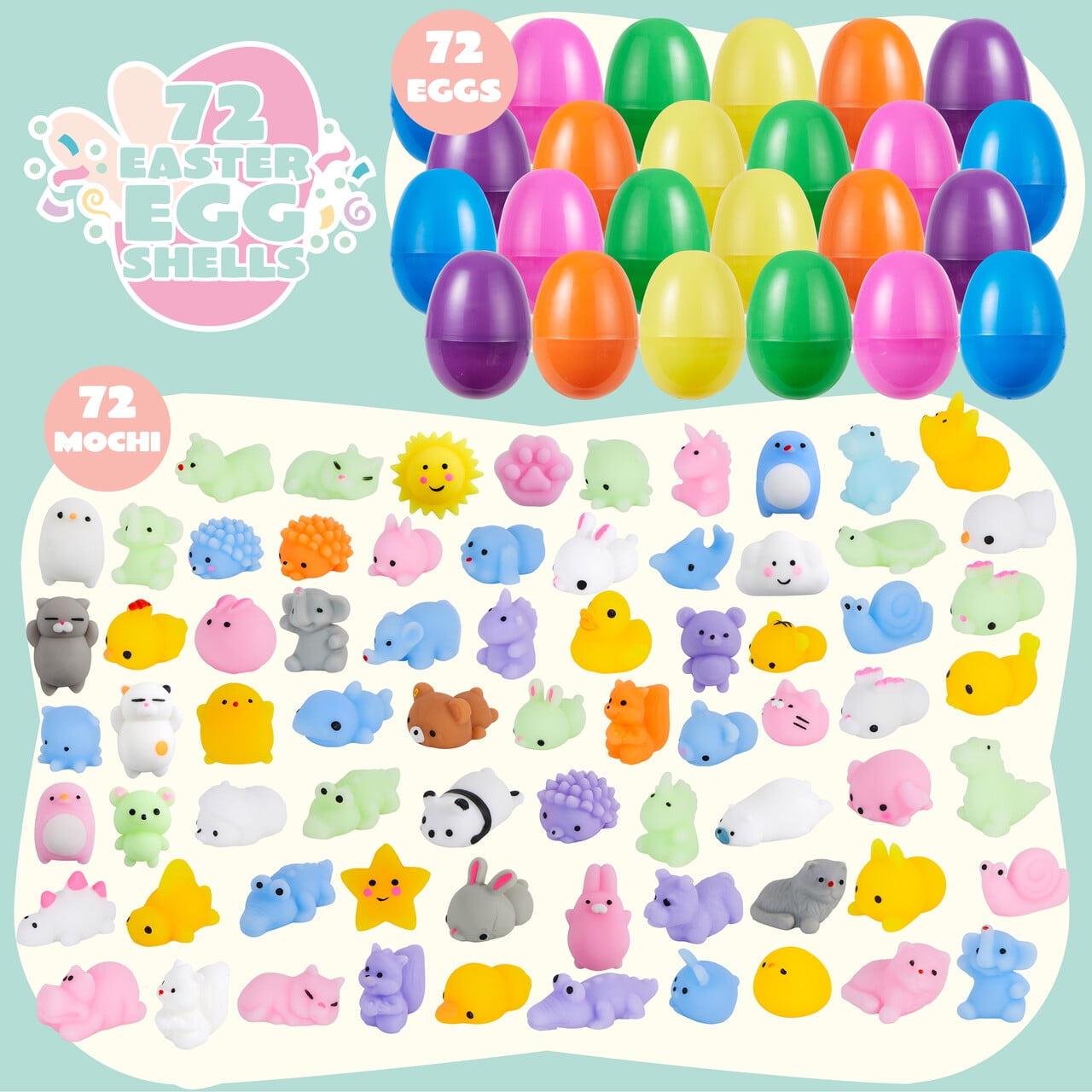 Joyfy 72 Packs Prefilled Easter Eggs with Mochi Toys,Mochi Squishies Stress Relief Toys Stuffed Plastic Easter Eggs for Easter Basket Kids