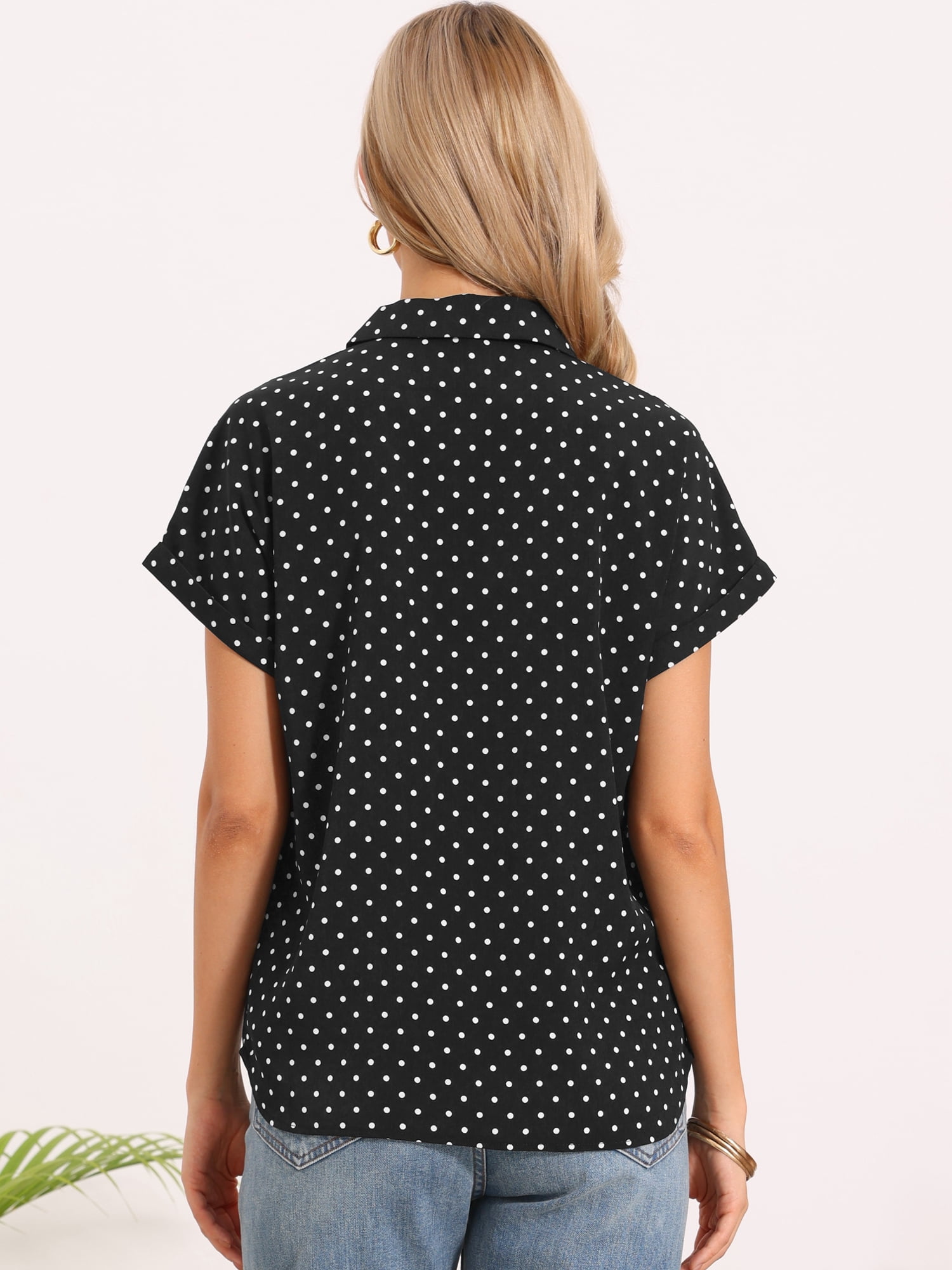 DARING DIVA Women's Polka Dots Blouse Short Sleeve Collar V Neck Work Office Top XL Black