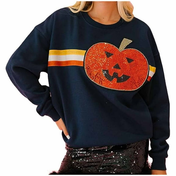 Enjoytime Women's Sweatshirt Christmas Printed Round Neck Long Sleeve Pullover Tops Fall Winter Casual Cute Sweatshirts Dark Blue S