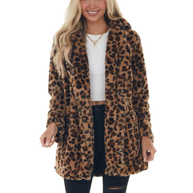 Chaqueta Mujer Moda Suelta Suave Cómoda Otoño Invierno Manga Larga Abrigo con Bolsillos Estampado Leopardo XXL