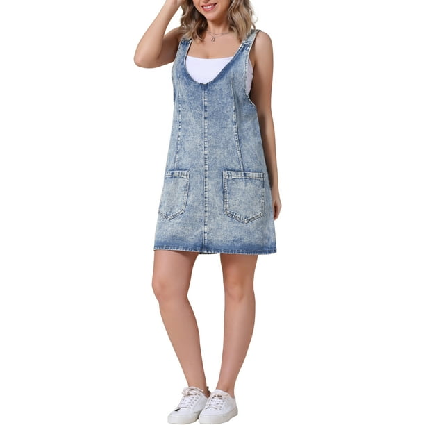 INSPIRAR CHIC Vestido de Mujer Overoles de Mezclilla Sueltos Casual Sin Mangas Vestidos Mini Azul Claro M