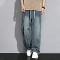 thumbnail image 5 of YLSDY Men's Vintage Washed Wide Leg Jeans, Stitched Details & Elastic Waist Drawstring, Retro Denim Trousers for Men Blue XL, 5 of 8